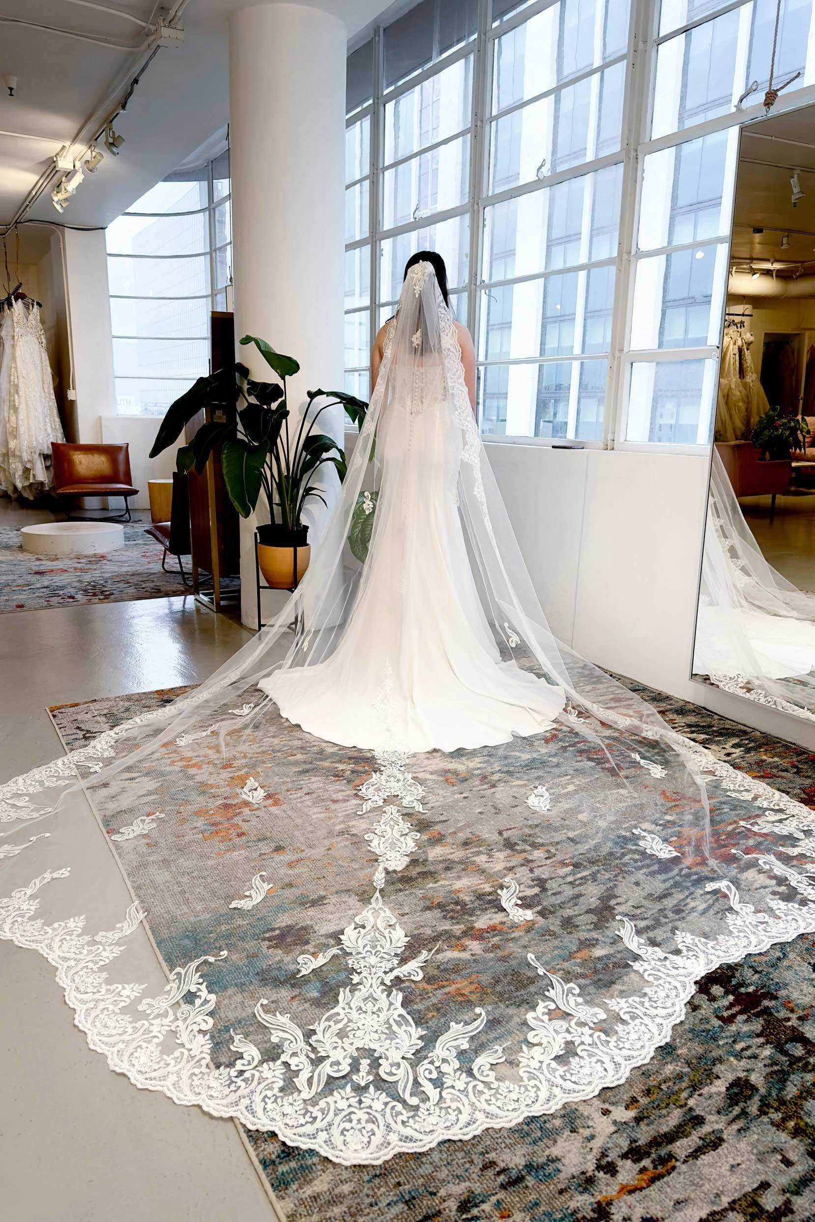 One-tier Lace Edge Tulle Cathedral Veils with Appliques CV0332 - COCOMELODY